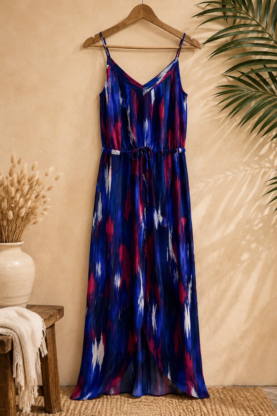 Rory Beca 100% Silk Maxi Dress Blue Red Watercolor Print Spaghetti Strap Small